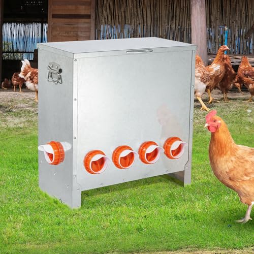 Automatic Chicken Feeder No Waste Large Capacity 85lbs 6-Ports Metal Poultry Feeder with Pull Handle for Chickens Geese Ducks Poultry Coop Weatherproof Design - color: 85lb with 6 Ports