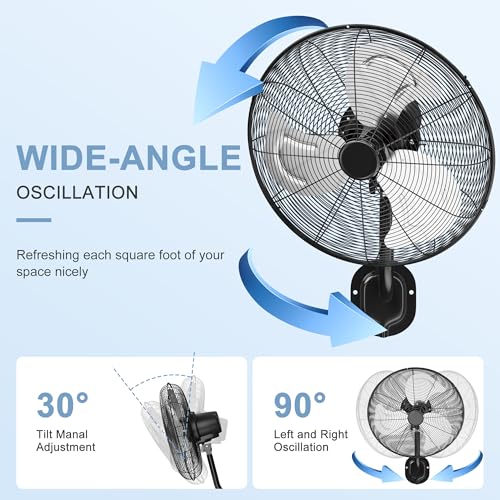 MEPTY 20" Wall Mount Fan, Heavy Duty Industrial Outdoor Wall Fan, High Velocity Oscillating Fans with 3 Speeds for Patio, Shop, Greenhouse, Garage, Commercial, Household use - size: 20inch