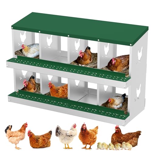 Hetoy Chicken Nesting Box, Multi-Compartment Metal Hen Laying Box with Breathable Holes & Resting Platform, Wall Mounted/Floor Rollaway Nesting Boxes for Laying & Collection Eggs, 8 Grids - color: Green without stand, size: 8 Compartment