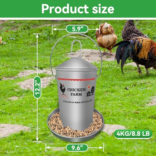 8.8 Lb Stainless Steel Poultry Feeder, Automatic Chicken Feeder No Waste, Hanging Chicken Feeder Heavy Duty Reliable Long-Lasting with Handle, Top Filled - size: 4KG/8.8 LB