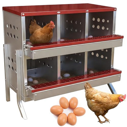 Chicken Nesting Box, 6 Compartment Roll Away Laying Box for Hens, Heavy-Duty Galvanized Steel, Front Egg Collection Tray, 6 Training Eggs Included - color: Red, size: 6 Compartments & 6 Eggs