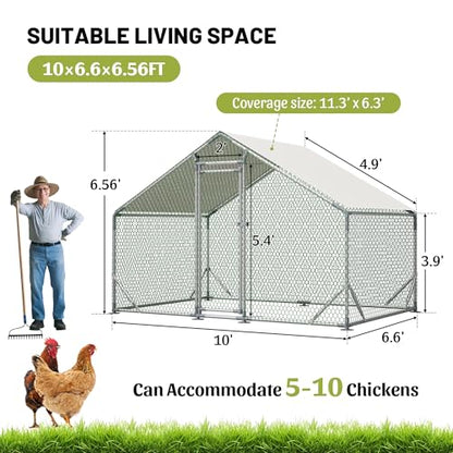 Metal Chicken Coop 10×6.6×6.56FT,Chicken Run Pen with Spire Roof,Water-Proof and UV-Proof Cover,Secure Mesh Walk-in Hens Fence with Lockable Door,Poultry Cage for Small Animal Like Hens,Ducks,Rabbits - size: 120.0"L x 79.0"W x 79.0"H