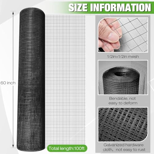 Tatuo Hardware Cloth 1/2 Inch 60in x 100ft Hot Dip Galvanized After Welded Cage Mesh Rolls 21 Gauge Metal Chicken Wire Roll Wire Fencing Poultry Netting for Raised Garden Rodent Animals - color: Black, size: 60in X 100ft