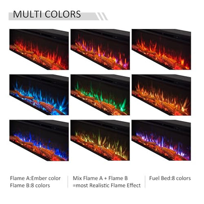 LegendFlame 60" W Smart Wall Mount & in Wall Recessed Electric Fireplace Insert, Heater 750W/1500W, Multi Colors of Flame & Fuel Bed, Alexa/Google Assistant Enabled - size: 60" DEEP