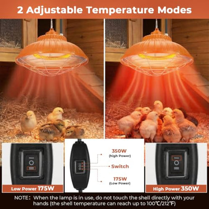 Chicken Heater Lamp, 175W/350W Dual-Mode Brooder Heater Bulb Chick Heater, Hanging Light Heated Adjustable Temp & Height for Chicks, Poultry & Ducklings