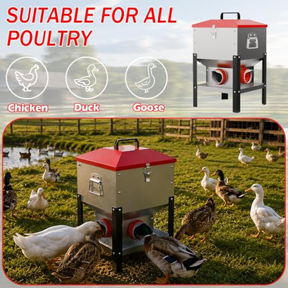 35LB Large Automatic Chicken Feeder- 4 Ports Metal Chicken Feeders, Dual No Waste Design with Locking Lid & Riveted Handles, Rainproof Poultry Feeder for Chickens, Ducks, Geese - size: 4 Ports