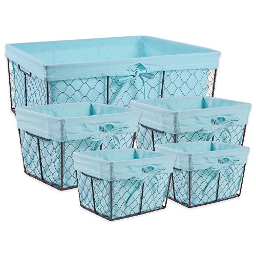 DII Farmhouse Chicken Wire Storage Baskets with Liner, Set of 5, Rustic Aqua, Assorted Sizes - color: Rustic Aqua