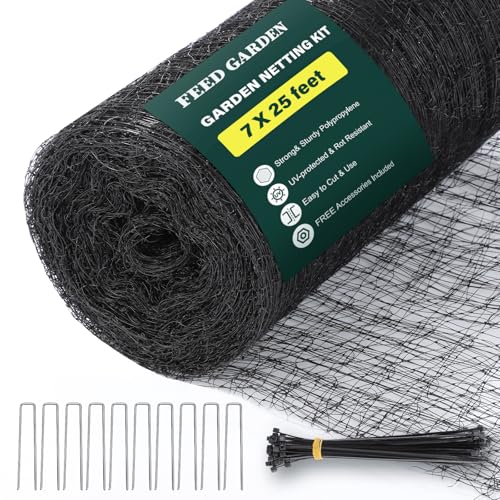 FEED GARDEN Garden Netting 7FT x 25FT for Raised Beds, Heavy Duty Bird Netting & Deer Fence with 3/4 Inch Mesh, UV Resistant Garden Cover for Strawberries, Vegetables, Flowers and Garden Plants - color: Black, size: 7 x 25 Feet