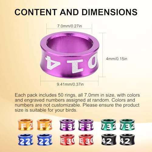7.0mm Aluminum Bird Rings，Multicolor Identification Bands for Golden Sun, Monk, Parrot, Grackle, 50 Packs with Durable Engravings - size: 7.0MM