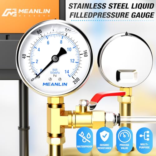 MEANLIN MEASURE 0~200Psi Stainless Steel 1/4" NPT 2.5" FACE DIAL Liquid Filled Pressure Gauge WOG Water Oil Air Lower Mount (Pack of 2), with 1/2" NPT and 3/8" NPT Hex Bushing - size: 0-200Psi (2Pcs)