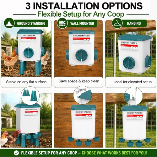 Chicken Feeder and Waterer Set, Automatic No Waste Poultry Feeding System, 26.5 lb Feeder & 11L Waterer, 4-in-1 Chicken Coop Kit with Vegetable Holder for Chickens, Ducks & Quail - size: 3 Gallon Upgraded