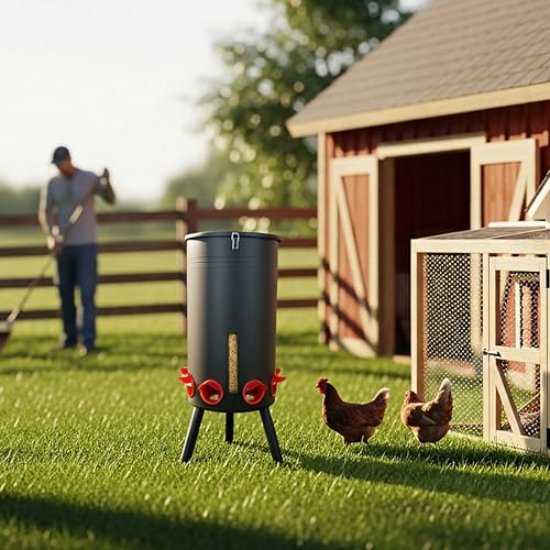 KOL 75 LB Large Free Standing Chicken Feeder, Portable Gravity Chicken Feeder Automatic, Dispenser, 8 Feeding Ports Poultry Feeder for Chicken Rooster & Hen (Black)