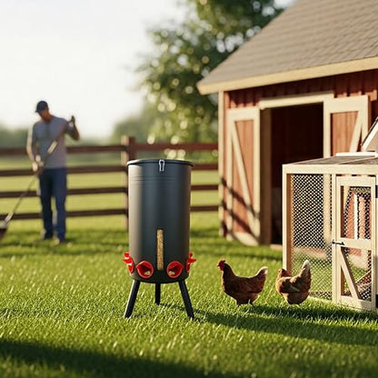 KOL 75 LB Large Free Standing Chicken Feeder, Portable Gravity Chicken Feeder Automatic, Dispenser, 8 Feeding Ports Poultry Feeder for Chicken Rooster & Hen (Black)