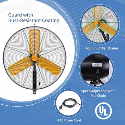 24 inch Oscillating High Velocity Wall Mount Fan, 7600 CFM Industrial Heavy Duty Metal Wall Fan, 3 Speeds, Adjustable Height and Tilt, Commercial Shop Fans for Garage, Workshop - size: 24 Inch - Indoor