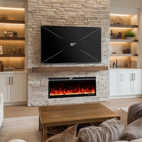 42 Inch Smart Wall Mount & in Wall Recessed Electric Fireplace Insert,App Control, Multi Colors of Flame & Fuel Bed,Timer & Thermostat & Low Noise,750W/1500W Indoor Heater, Black - size: 42 Inch WiFi