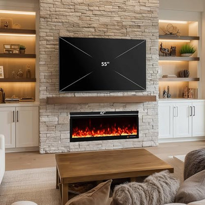 42 Inch Smart Wall Mount & in Wall Recessed Electric Fireplace Insert,App Control, Multi Colors of Flame & Fuel Bed,Timer & Thermostat & Low Noise,750W/1500W Indoor Heater, Black - size: 42 Inch WiFi