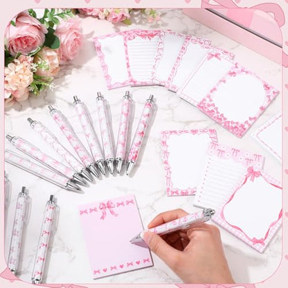 Dispowreath 24 Pcs Pink Bow Sticky Notes with Pens Coquette Bow Themed Self Adhesive Notepad Black Ink Ballpoint Pen Office Supplies Coquette Gift for Birthday, Bachelorette, Bridal, Engagement - style: Pink bow