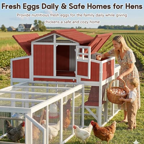 Extra Large Wooden Chicken Coop with Dual Runs for 6–10 Chickens, 2-Tier Elevated Hen House with Nesting Boxes, Expandable Connected Runs, Reinforced Frame, Slide-Out Tray, Red - color: Red