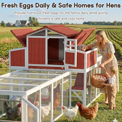 Extra Large Wooden Chicken Coop with Dual Runs for 6–10 Chickens, 2-Tier Elevated Hen House with Nesting Boxes, Expandable Connected Runs, Reinforced Frame, Slide-Out Tray, Red - color: Red