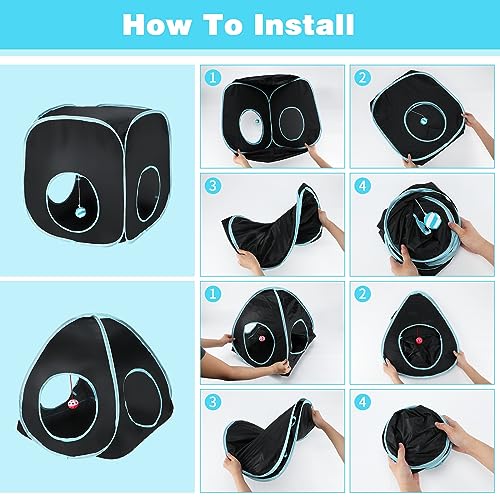 YUEPET Rabbit Tunnel and Cube Collapsible Tent Bunny Interactive Crinkle Tunnel Toys Small Animal Hideout with Play Ball for Dwarf Rabbit Bunny Guinea Pig (Blue Black) - color: Black Blue