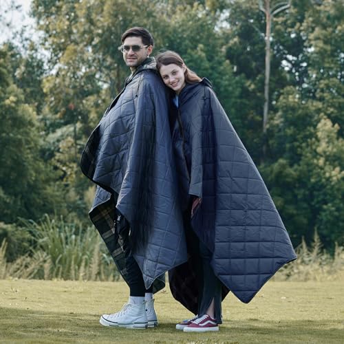DUKUSEEK Waterproof Camping Blanket with Super Thick Fleece Lining, Large Outdoor Blanket Windproof with Foldable Hood for Camping Stadium Sporting Events,79"x 58" - color: Wine Red Outer With Blue Plaid Fleece