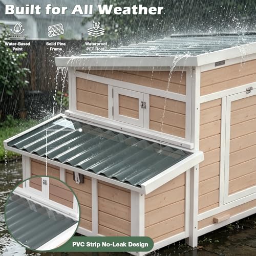 Chicken Coop, Large Wooden Chicken House with Waterproof Roof & Pull-Out Tray, Outdoor Chicken Hutch with 6 Nesting Boxes, Duck Coop Hen House for 4-6 Chicken, Khaki - color: Khaki