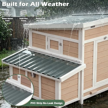 Chicken Coop, Large Wooden Chicken House with Waterproof Roof & Pull-Out Tray, Outdoor Chicken Hutch with 6 Nesting Boxes, Duck Coop Hen House for 4-6 Chicken, Khaki - color: Khaki