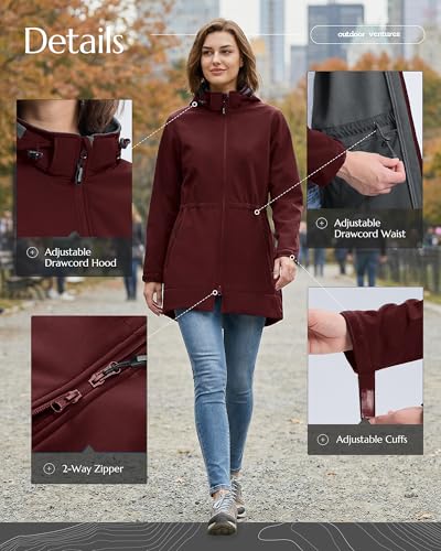 Outdoor Ventures Women's Softshell Jacket with Removable Hood Fleece Lined Windbreaker Insulated Long Warm Rain Jacket - color: Wine, size: Large