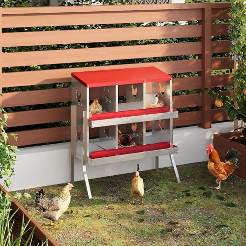 6-Compartment Metal Chicken Nesting Box - with Perch, Secure Lid & Metal Legs, Wall-Mount or Free-Standing Nesting Boxes for Hens - color: red, size: 6 Compartments with legs