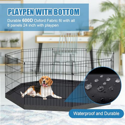 Peekaboo Dog Playpen 24" H 8-Panel with Top Cover & Bottom Pad, Black | 24 Inch 8 Panel Foldable Metal Dog Playpen with Top Cover and Waterproof Bottom Pad - style: Playpen + top and bottom cover