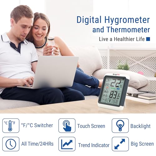 TempPro TP55 Digital Indoor Hygrometer Thermometer, 4-Inch Temperature/Humidity Monitor with Touchscreen and Backlit, Room Thermometer/Humidity Meter for House Home Greenhouse (Previously ThermoPro) - size: Indoor