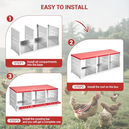 GarveeLife Chicken Nesting Boxes for Laying Eggs, Metal Chicken Nesting Box with Vented Holes and Swing Perch for Chicken Coop, Egg Laying Boxes for Chickens, Hens, Ducks (3 Compartments) - size: 3 compartments
