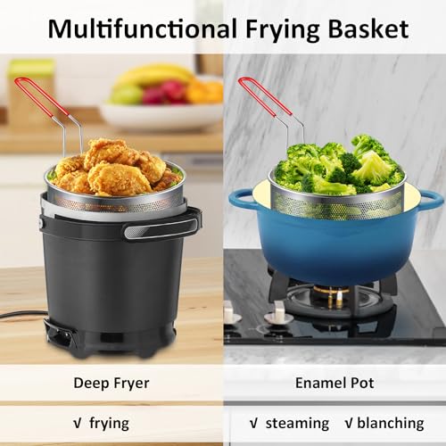 Deep Fryer Basket Only, 7''x4'' Colander with Silicone Handle,Round Stainless Steel Fry Baskets, Heat Resistant for Frying French Fries Cooking Noodles Vegetables, Ideal for Gift, 2.3-Quart - size: 7'' Deep Fry Basket