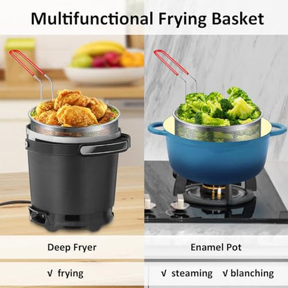 Deep Fryer Basket Only, 7''x4'' Colander with Silicone Handle,Round Stainless Steel Fry Baskets, Heat Resistant for Frying French Fries Cooking Noodles Vegetables, Ideal for Gift, 2.3-Quart - size: 7'' Deep Fry Basket