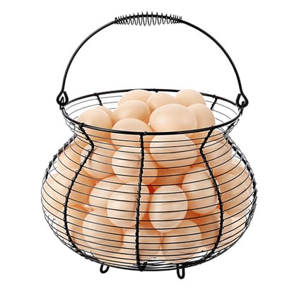 1 PCS Black Big Belly Wire Egg Baskets for Fresh Egg With Handle, Small Metal Wire Basket for Gathering Fresh Chicken and Duck Eggs, Hunting Basket Egg Holder Countertop - style: Oval-1 Pack