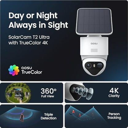 aosu T2 Ultra 4K Security Cameras Wireless Outdoor, TrueColor Night Vision, AI Triple Detection, 360° Auto Tracking, Solar Powered WiFi Camera for Home Security, 1Pack - style: SolarCam