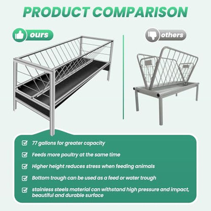 77 Gallon Heavy-Duty Stainless Steel Hay Feeder 59" x 19.6", 2 in 1 Silvery Goat Hay Feeder with 22 Gallon Black Feeding Pan, Easy to Assemble Pasture Hay Rack for Outdoor Farm, Horse Farm, Livestock