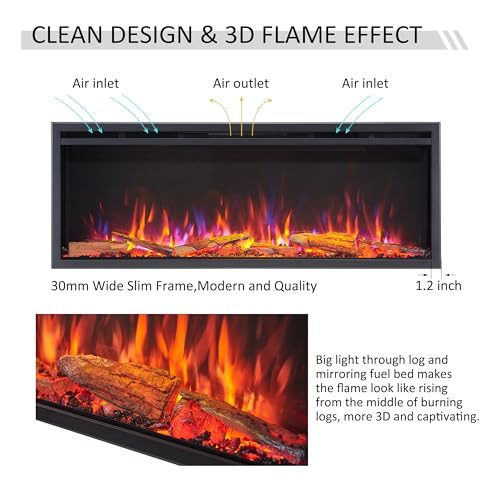 LegendFlame 50" W Smart Wall Mount & in Wall Recessed Electric Fireplace Insert, Heater 750W/1500W, Multi Colors of Flame & Fuel Bed, Alexa/Google Assistant Enabled - size: 50" DEEP