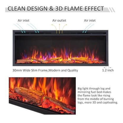 LegendFlame 50" W Smart Wall Mount & in Wall Recessed Electric Fireplace Insert, Heater 750W/1500W, Multi Colors of Flame & Fuel Bed, Alexa/Google Assistant Enabled - size: 50" DEEP