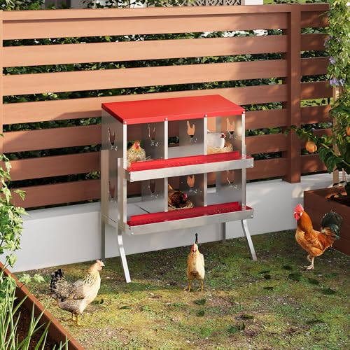 Garvee ‌Galvanized Steel Chicken Nesting Box with Roll Out Egg Tray - 6 Hole, Rustproof & Ventilated Laying Boxes for Hens, Chickens, Ducks | Easy-Clean Poultry Coop Accessories, Red with Stand - color: red, size: 6 Holes with Legs