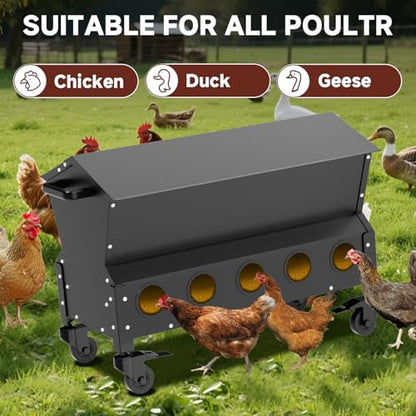Portable Metal Chicken Feeder with Waterproof Lid, Freestanding Chicken Feeding Box with 150 lbs Large Capacity for Chickens, No Waste Gravity Poultry Feeder, 4 Lockable Wheels for Moving.