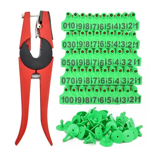 100 Numbered Cattle Ear Tags TPU Animal Identification Tags Livestock Ear Tag for Cattle Cow Horse Hog Pig Goat Sheep Applicator Kit (001-100 Green) - color: Green, size: Medium 100PCS