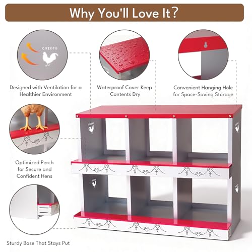 Chicken Nesting Box 6 Compartment Metal Chicken Rollout Egg Collection Laying Hens Ducks Large Heavy Duty Vented Holes Easy Clean Poultry Nest Box Chicken Coop Red - color: Red, size: 6 HOLE