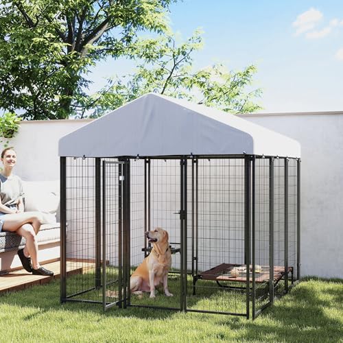 PawHut Outdoor Dog Kennel with Roof, 6' x 6' x 6' Heavy Duty Welded Wire Dog Playpen Enclosure with Escape-Proof Lock, UV-Resistant & Waterproof Cover, for Large Dogs, Chickens, Ducks, Silver - size: 71.3"L x 71.3"W x 72.0"H, style: Single Room