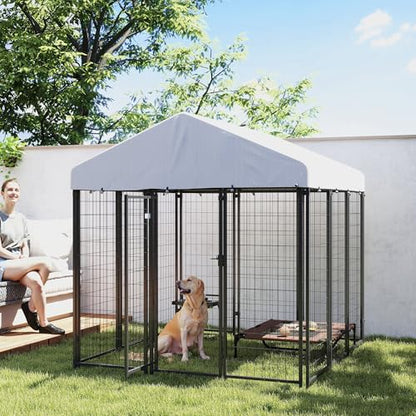 PawHut Outdoor Dog Kennel with Roof, 6' x 6' x 6' Heavy Duty Welded Wire Dog Playpen Enclosure with Escape-Proof Lock, UV-Resistant & Waterproof Cover, for Large Dogs, Chickens, Ducks, Silver - size: 71.3"L x 71.3"W x 72.0"H, style: Single Room
