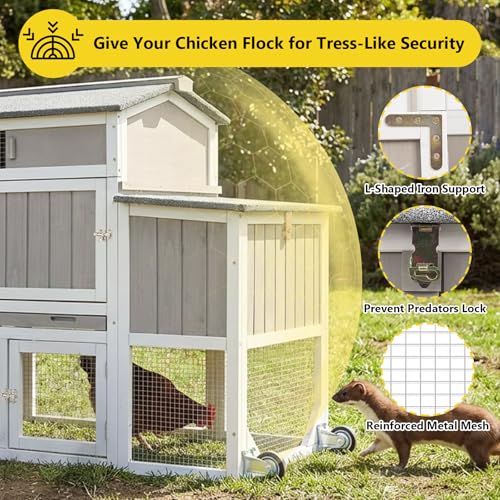 78" Wooden Chicken Coop with Nesting Box, Poultry Cage with Wheel Leak Proof Pull-on Tray and Asphalt Waterproof Roof, Hen House for Garden Backyard Farm - color: Grey, size: 25.6"L x 39.4"W x 77.4"H