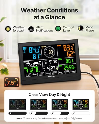 VEVOR 7-in-1 Wi-Fi Weather Station, 7.5-Inch VA Display, Solar Powered Wireless Outdoor Sensor, Home Weather Station Indoor Outdoor, for Temperature, Humidity, Wind Speed/Direction, Rainfall, No APP - style: 7in1 WiFi New Version