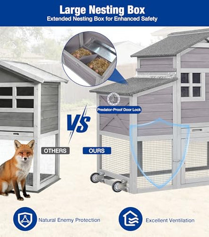 Mobile Chicken Coop with Run, Large Wooden Chicken House with Wheels, Duplex Hen House with Nesting Box, Slide-Out Tray, Waterproof Roof, Accommodates 2-4 Chickens - Grey - color: 73.4“L Light Grey