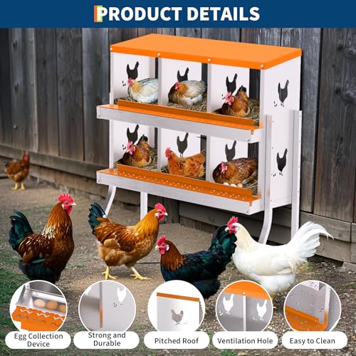 Chicken Nesting Box,6 Compartments Galvanized Steel Metal Chicken Laying Box with Roll Out Egg Collection,Wall Mount Chicken Nesting Boxes,Easy Egg Collection, Hen Roosting Boxes - color: Orange, size: 6 Holes with Legs
