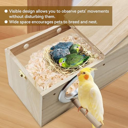 Natural Wood Bird Nesting Box,Acrylic Parakeet Nesting Box Transparent Cockatiel Nest House with Perch Wooden Parrot Nest for Lovebird Budgie Conure Canary Finch(Medium) - size: Medium